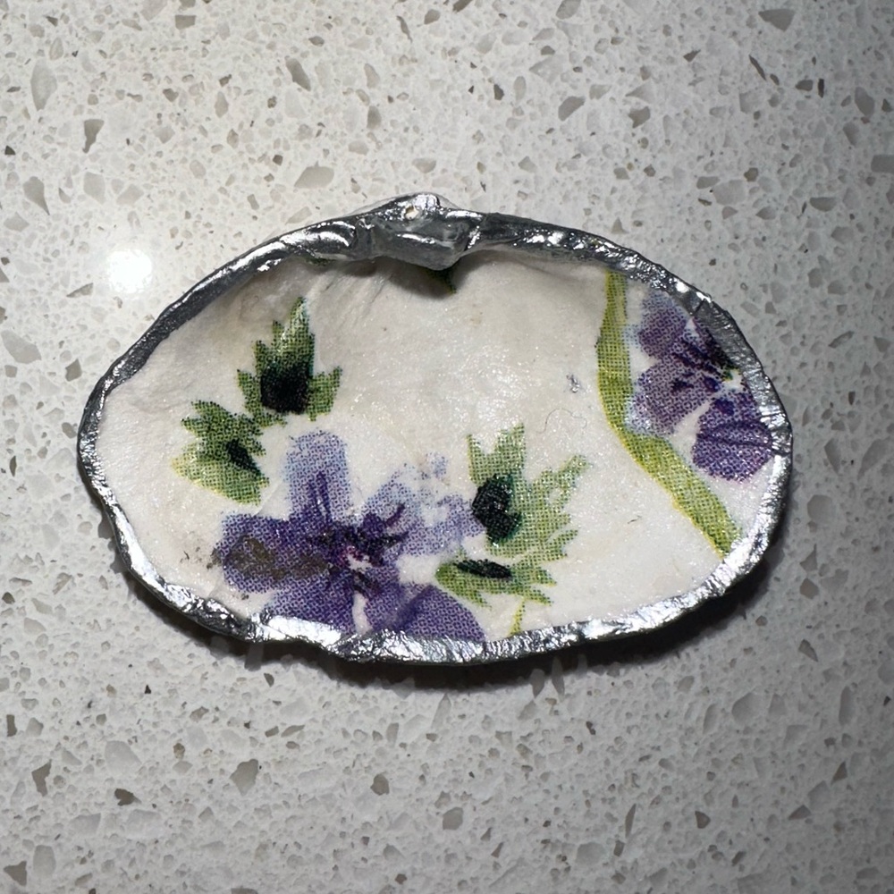Floral Decoupage Shell Trinket Dish with Silver Edge